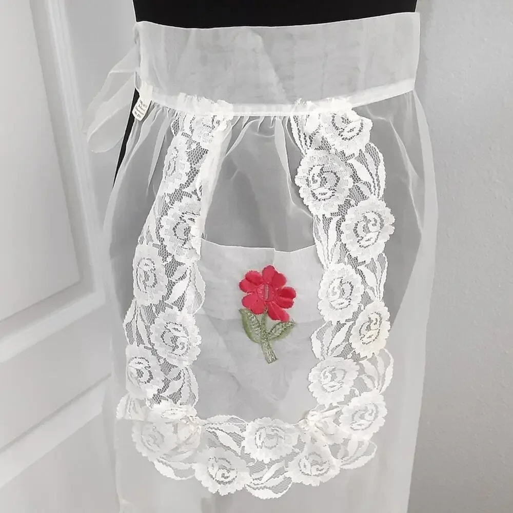 Vintage 1950s Nylon Organdy Sheer Tie Waist Apron Embroidered Lace Farmhouse